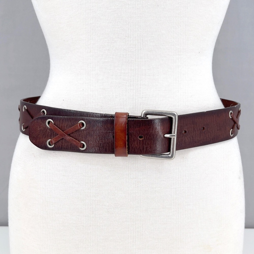 Aeropostale Womens S Brown Leather Grommet Lace X Belt Y2K 31in Boho Hippie 70s